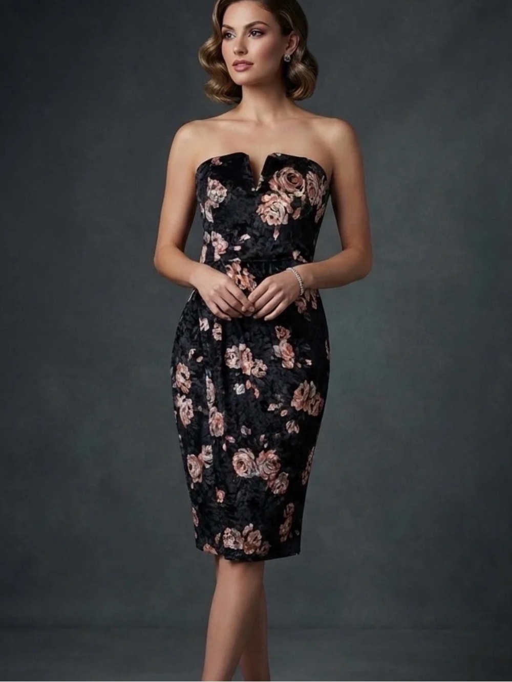 Lulu's Black Strapless Velvet Floral Sheath Dress Blush Roses Womens XS